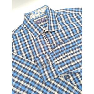 Marco Brunelli Mens Blue Plaid Cotton Dress Shirt 16.5x34 Large Regular Fit